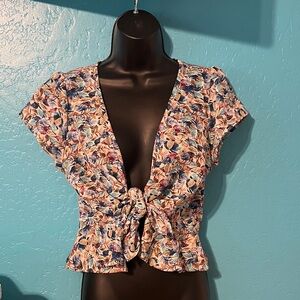 Floral Tie-Front Crop Top in Blue and Pink
